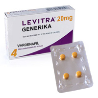 Blister und Packung mit 4 Tabletten von Levitra Generika
